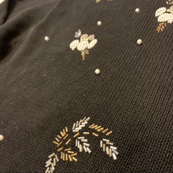Vintage Beaded Knit Mock Neck Holiday Winter Sweater Victoria Jones Black Silver - Picture 11 of 15